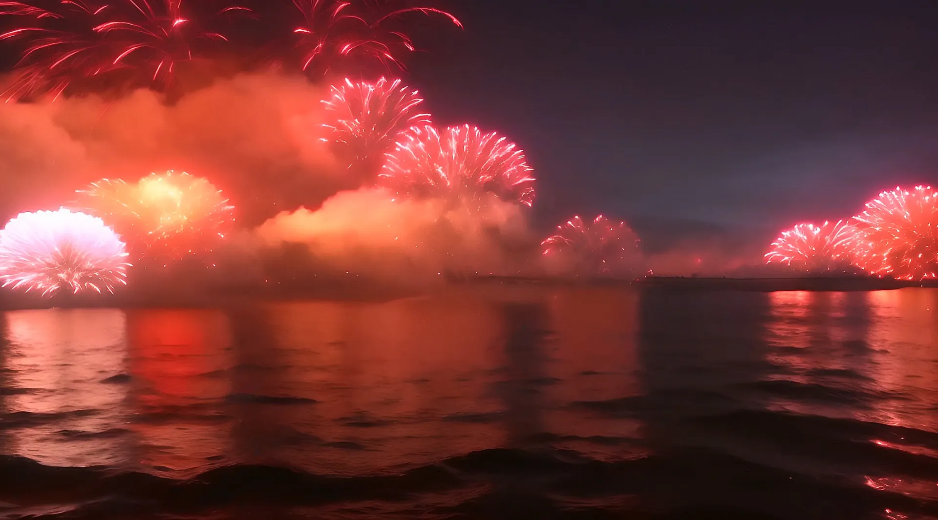 Nighttime Celebration with Fireworks Reflections Motion Backdrop